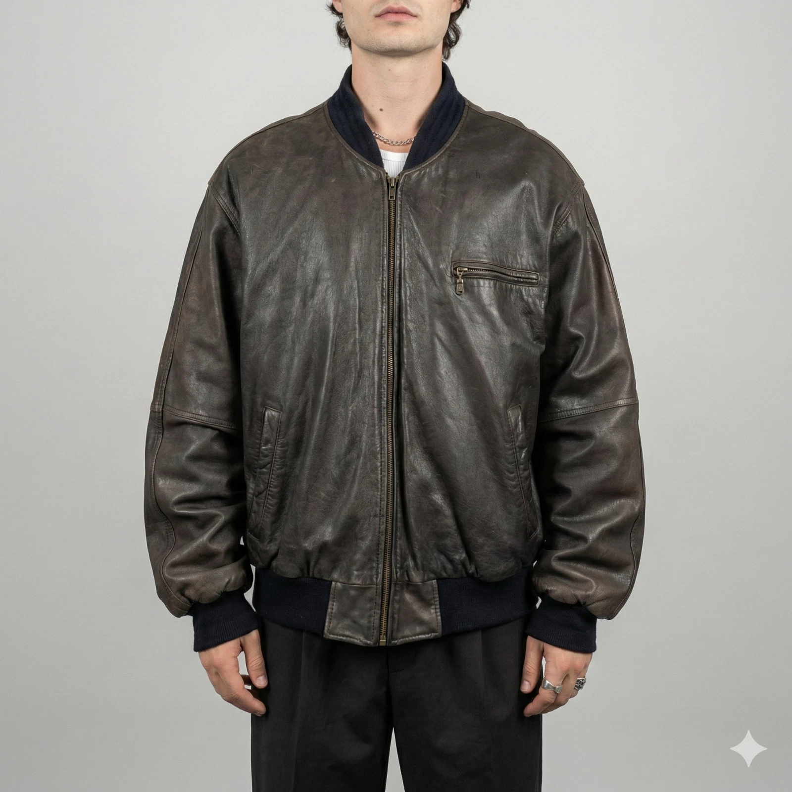 Men's Distressed Brown Leather Bomber Jacket Vintage Aviator Flight Coat Ribbed