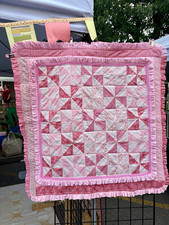 Handmade Pink White Patchwork Crib Quilt Quilted Ruffled Border 36x36