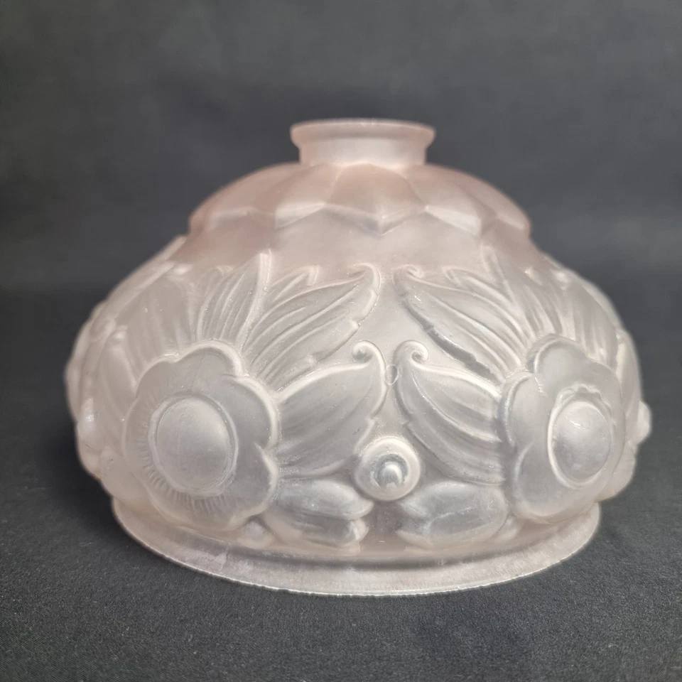 Globe De Lampe Ancien Verre Givré Rose - Décor Floral Art Déco - Tulipe Vintage - Photo 1/4