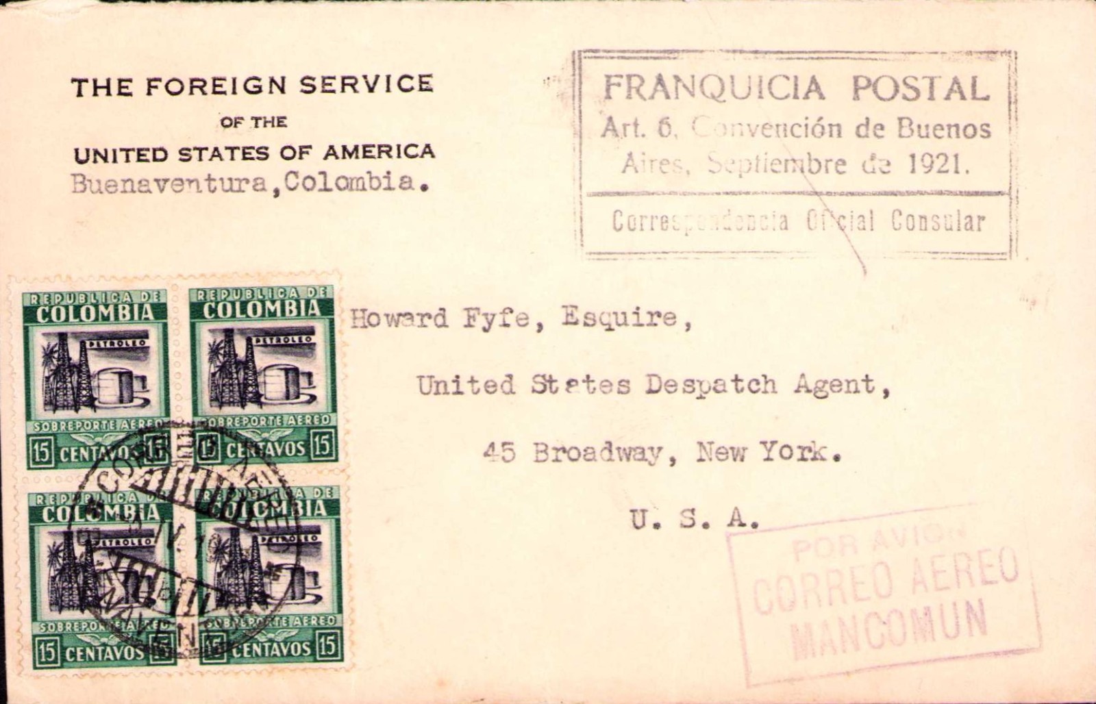 COLOMBIA - USA - 60c COVER W/ POSTAL FRANCHISE - BUENAVENTURA to NY - 1937 RR