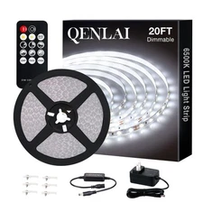 20ft White LED Strip Lights, Upgraded 6500K Dimmable Tape Lights with Remote ...