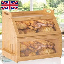 Large Bamboo Wood Bread Bin Counter Top Storage Boxes With Acrylic Window Lids