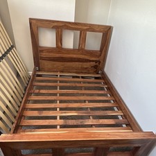 Brown Wooden Double Bed Frame with Panel Headboard & Slatted Foundation