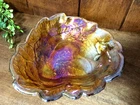 Vintage Bowl Indiana Carnival Glass Iridescent Amber Loganberry Leaves Dish Fall