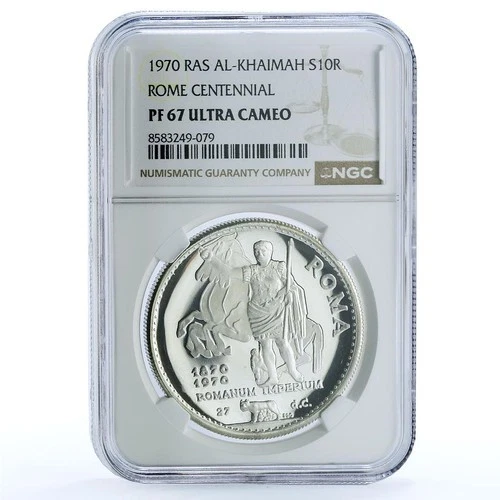 Ras al-Khaimah 10 riyals Rome Centennial KM-18 Horses PF 67 NGC silver coin 1970