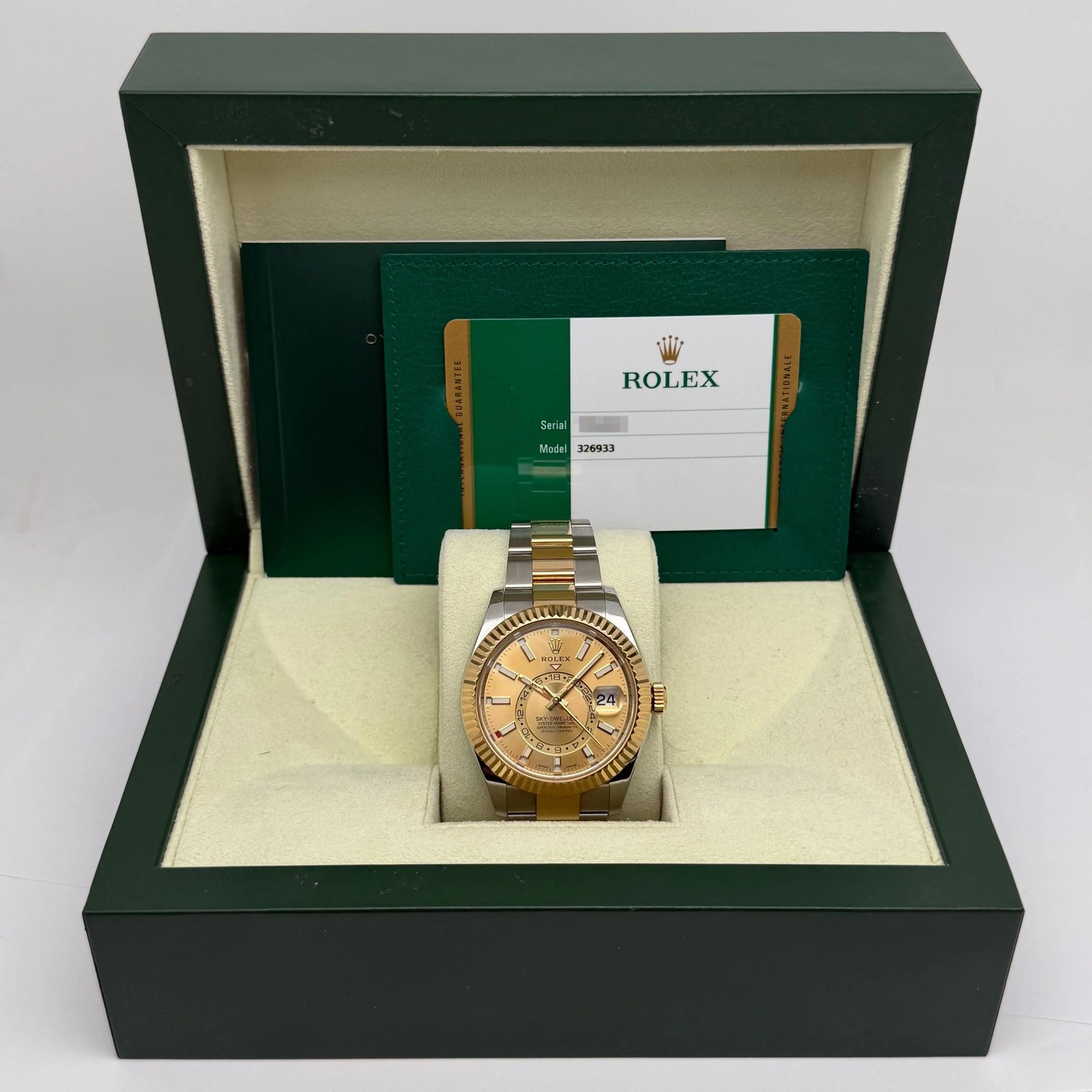 Rolex Sky-Dweller 42mm 326933 18K Yellow Gold Steel Champagne Dial Oyster Watch