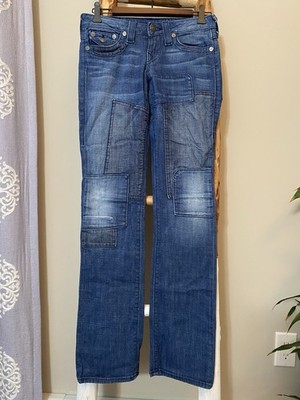 True Religion Women's Blue Medium Wash Patchwork Denim Straight Jeans Size 26x34