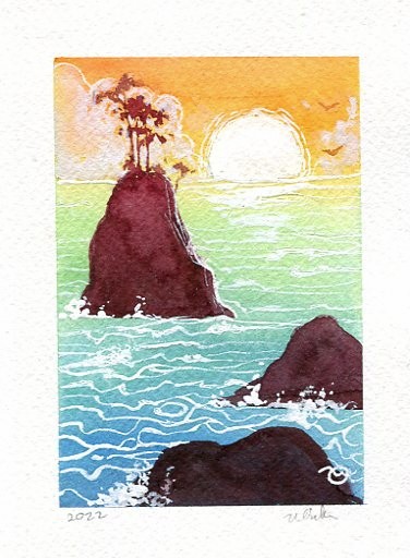 Original painting tropical sunset seascape OOAK approx 5x6.75" dimensions signed