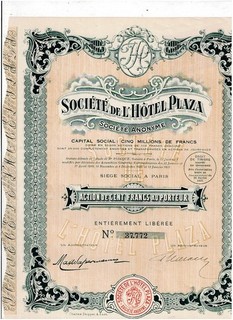 Societe de l'Hotel Plaza Paris 1925 100 FF deco VF