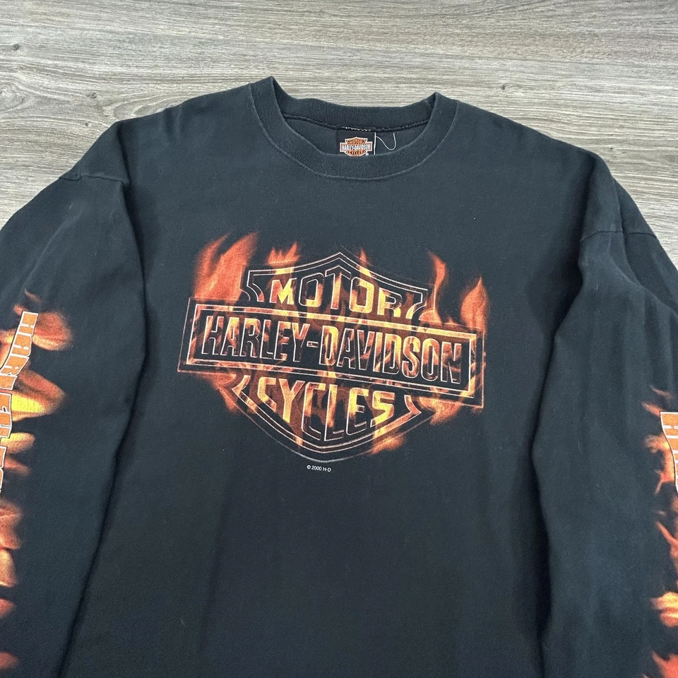 Vintage Harley-Davidson Shirt Mens 2XL Black Long Sleeve Flames Skater Y2K RARE - Image 4 of 4