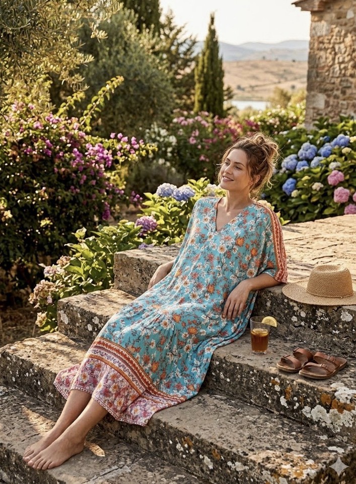 Mega C Blue Floral V-Neck 3/4 Sleeve Midi Kaftan Viscose Dress Size L