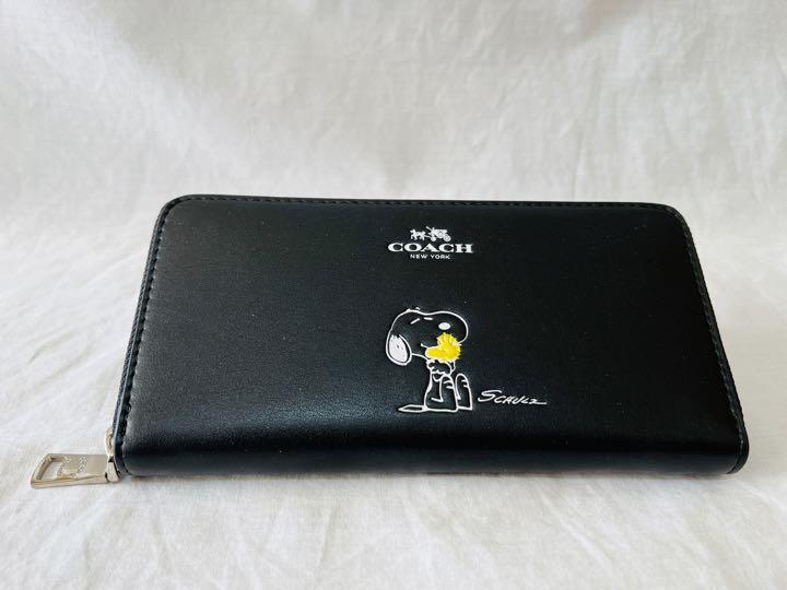 COACH x PEANUTS Long Wallet Snoopy Woodstock BLACK Leather Zip | eBay
