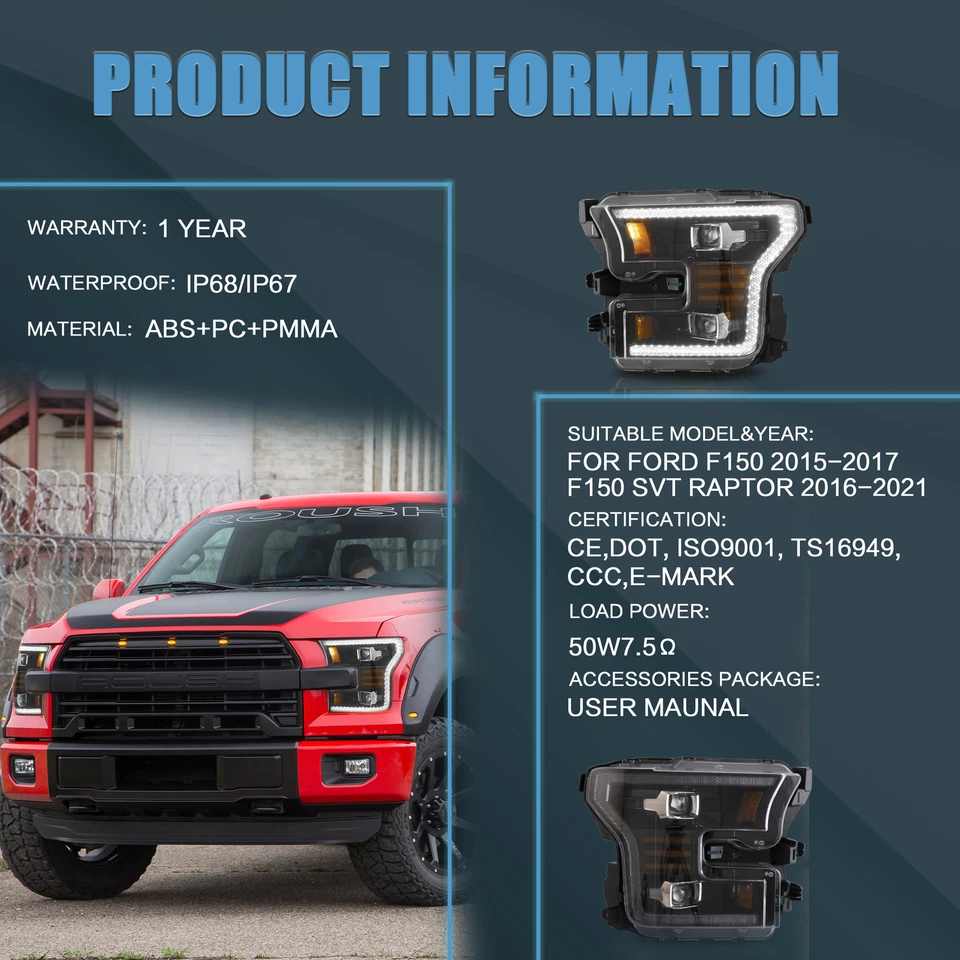 VLAND Fit FORD F150 XL XLT SSV 2015-2017 LED Projector Headlights White Pair - Image 3 of 4