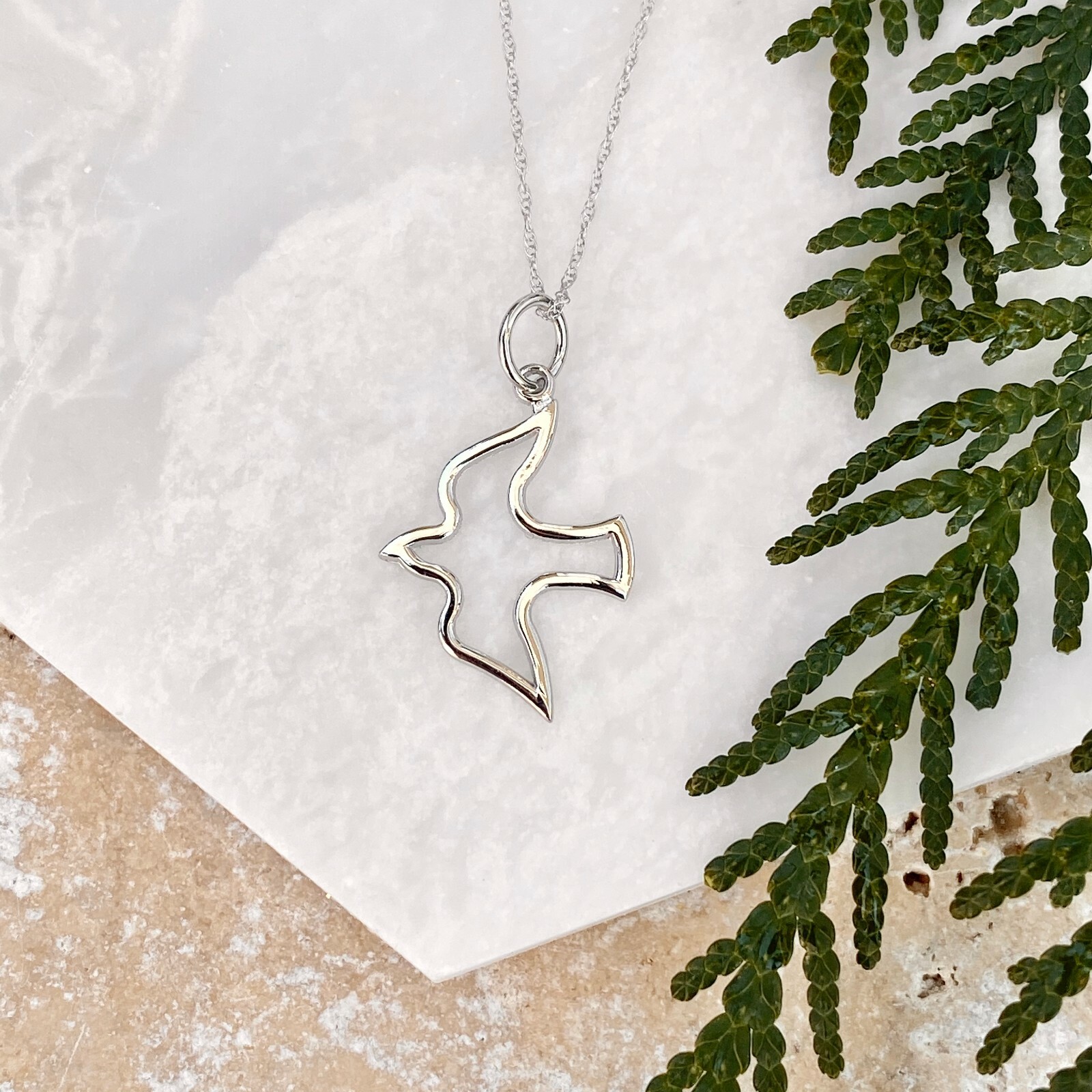 14KT White Gold Shiny Cut-Out Dove "Holy Spirit" Pendant Chain Necklace NEW