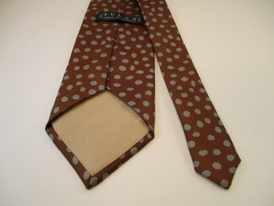 Мужской галстук Sulka 100% шелк сделано во Франции коричневый с серебряными точками 58 дюймов - 3 дюйма 3/4 винтажный - Изображение 3 из 4