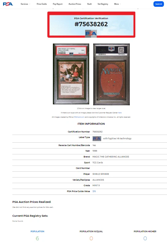 1996 MtG Magic the Gathering Alliances Shield Sphere PSA 9 *None Graded Higher* - Image 3 of 4