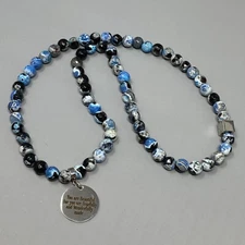 VTG Stone Necklace Blue Black Marble Facet Bead Inspirational Quote Stretch 21"