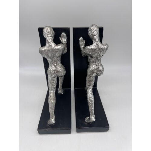 Metal Sliver Men Pushing Sculpture Balck / Silver Bookends - Picture 1 of 6