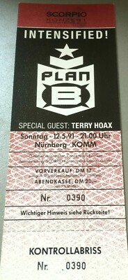 PLAN B.-TERRY HOAX  1991  NÜRNBERG  ++  ORIGINAL CONCERT - KONZERT - Ticket  