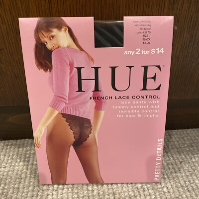 #ad 1 PR Hue Sexy Vintage French Lace Panty Control Top Sheer Black Hose Size 1 NIP $11.59