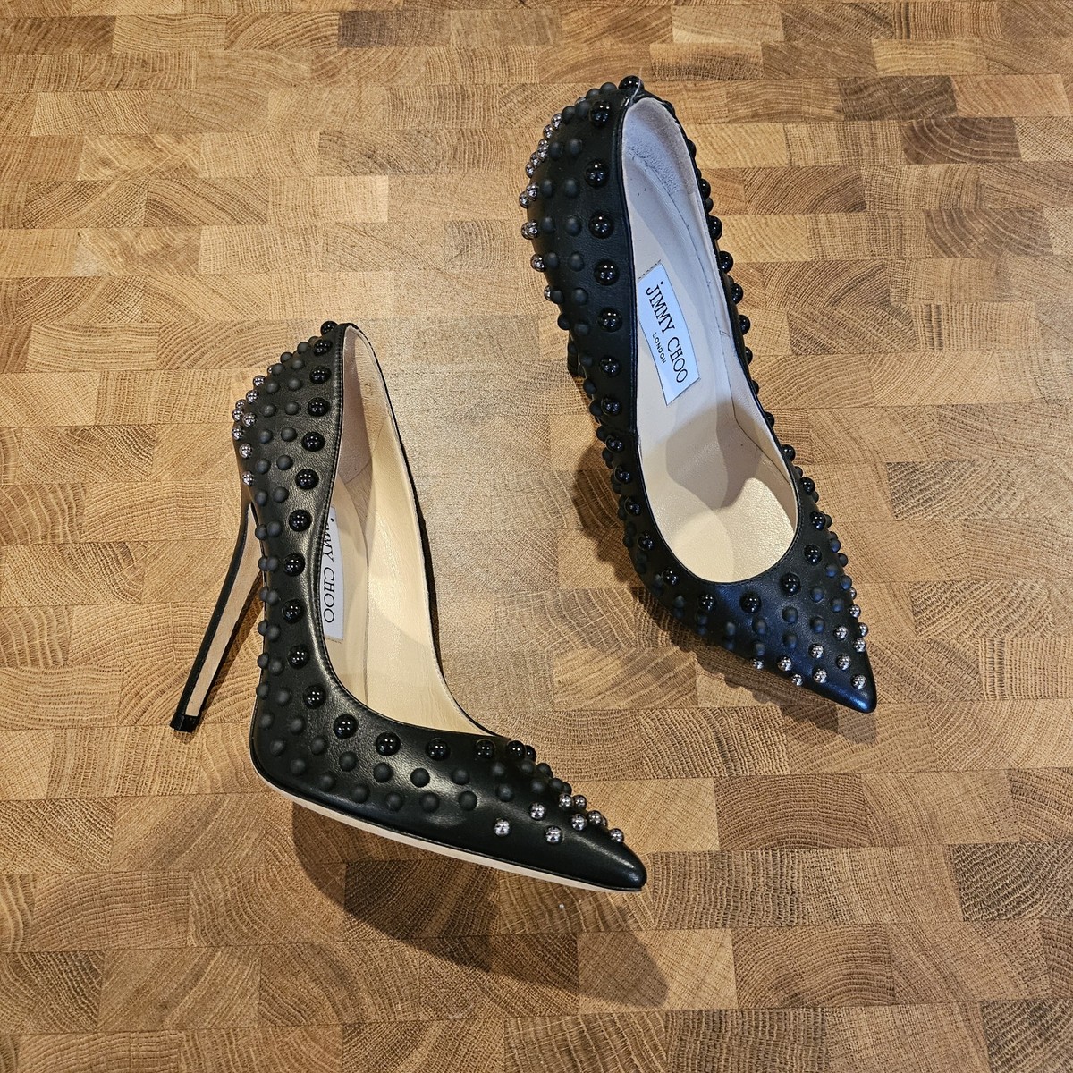 Jimmy Choo Anouk 120 Studded Black Leather Pointed-Toe Pumps EU