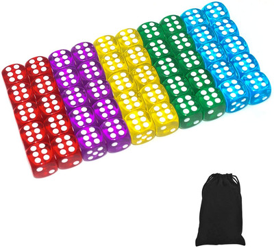 50 of Pack 14MM 6 Sided Dice Set Translucent Colors Dice, with Black Pouch