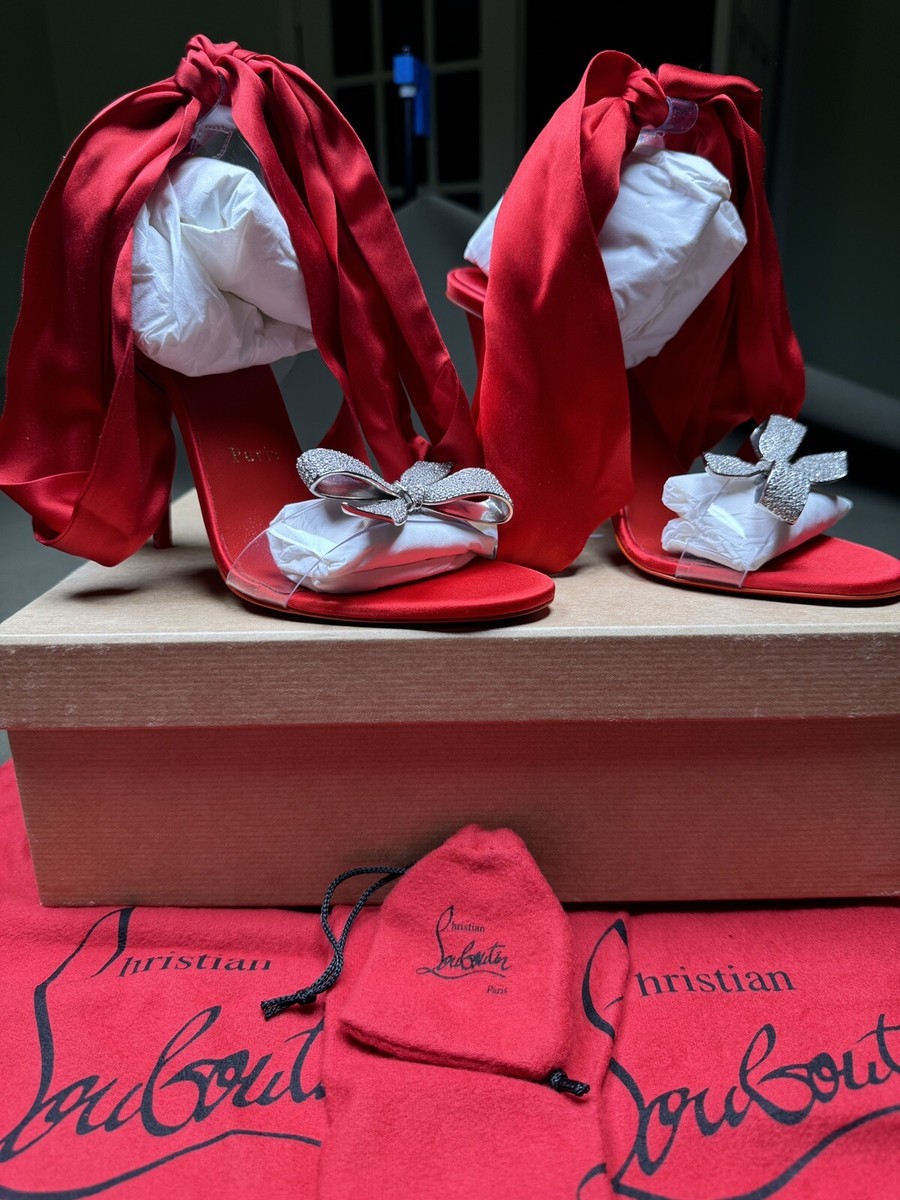 $1695 Christian Louboutin ASTRINODO Crystal Bow Silk Tie PVC Heels