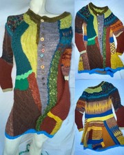 VTG WOMENS HANDMADE BOHO CROCHETED TWISTED LONG BUTTON CRAZY CARDIGAN SWEATER