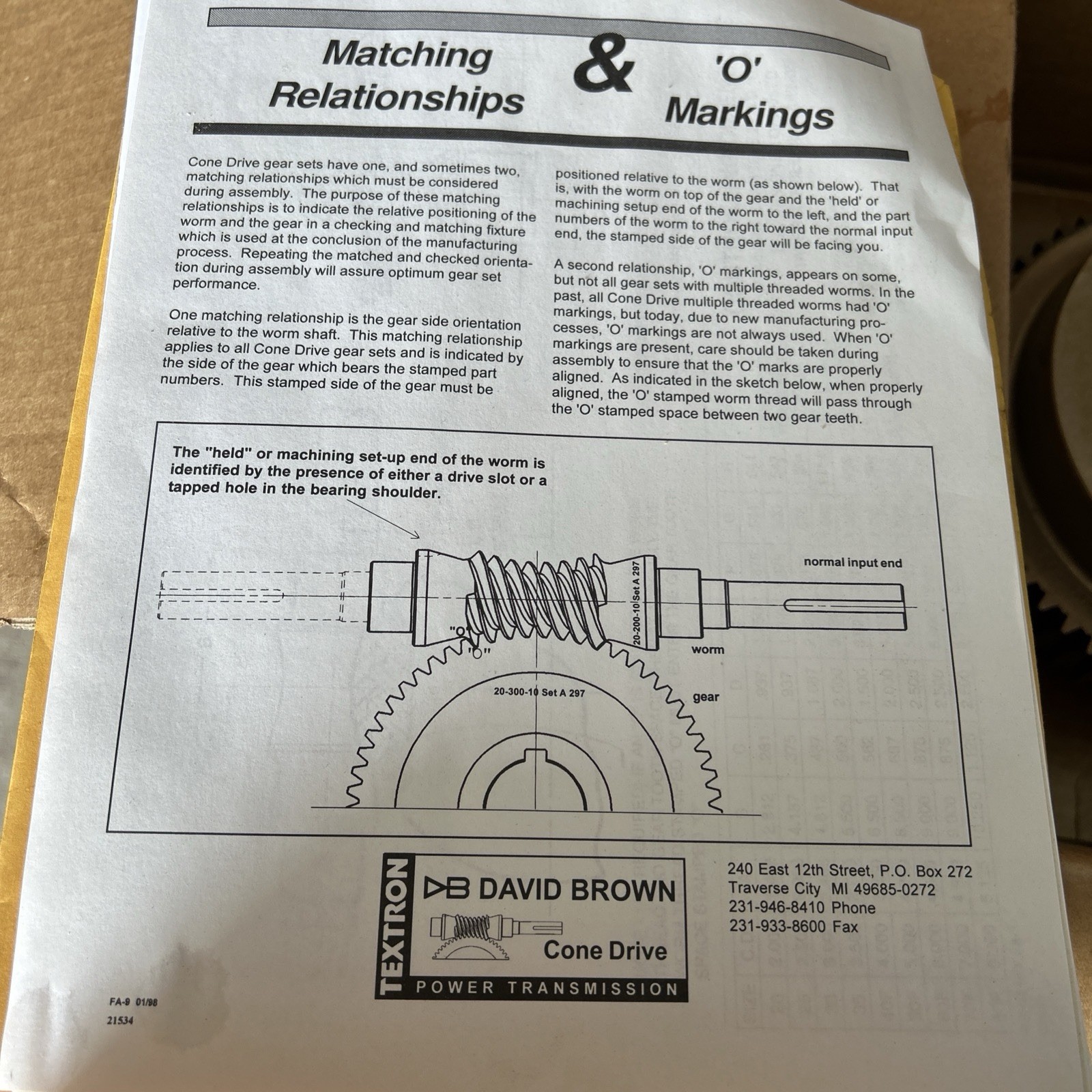 TEXTRON 50-210/S300-60 CONE DRIVE GEAR SET, WORM SHAFT & GEAR, 50-S300-60