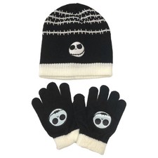 Nightmare Before Christmas Boys Black Beanie Hat  Gloves Set Jack Skellington