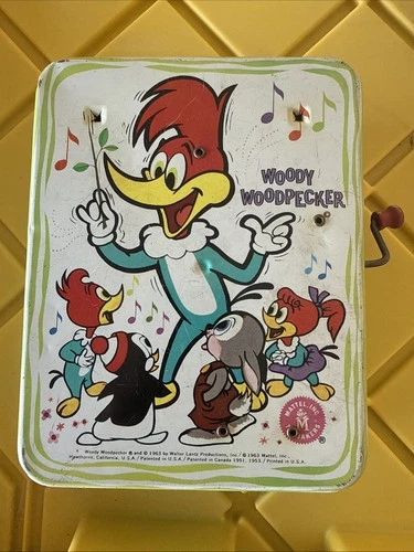 Vintage 1963 Mattel Music Maker Woody Woodpecker Tin Litho Crank Toy