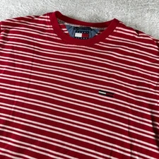 Y2K Tommy Jeans Hilfiger Red Striped V Neck Shirt XL Logo Designer Men Clean
