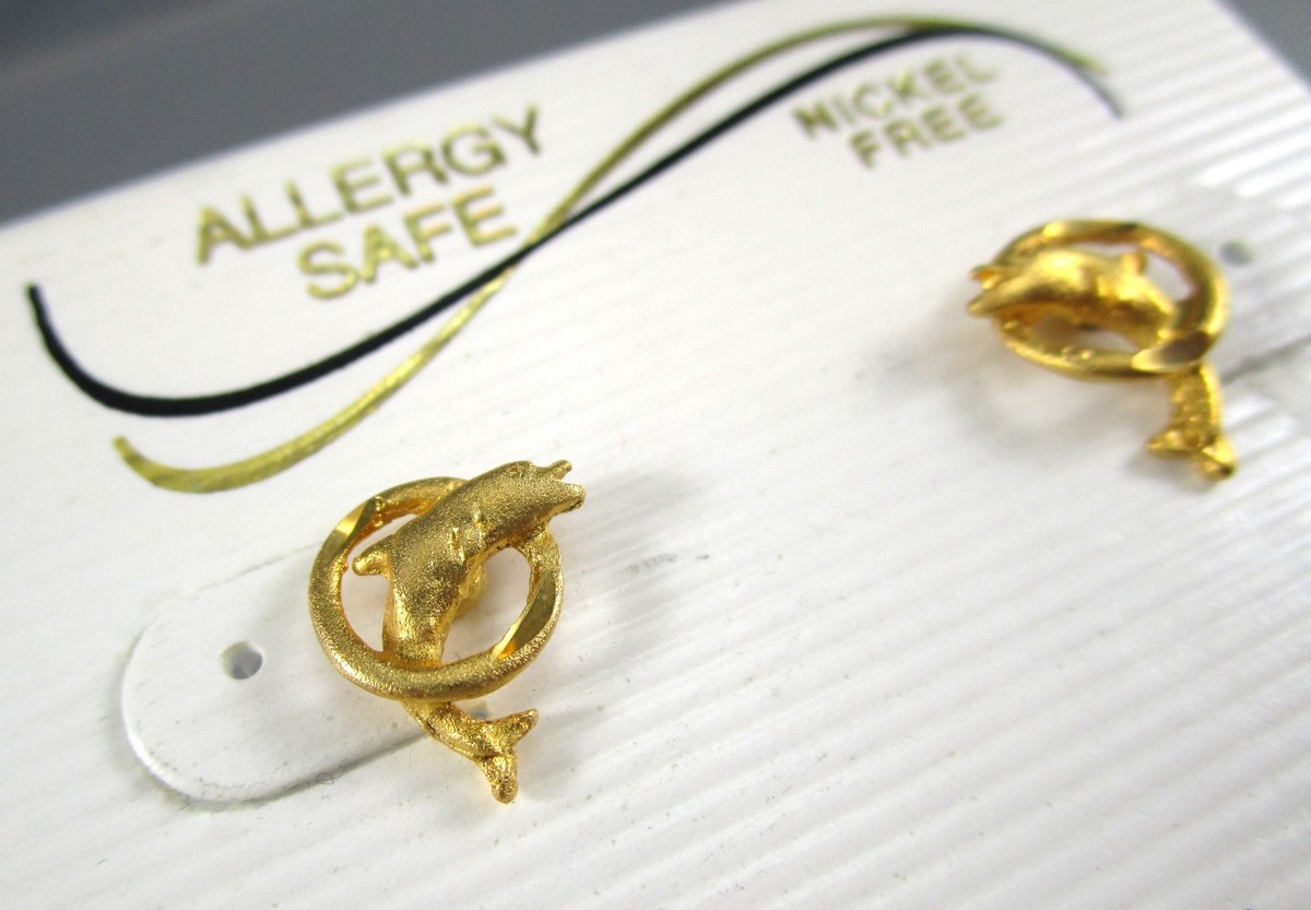 NOS Allergy Safe Nickle Free Gold Tone DOLPHINS Stud Post Pierced