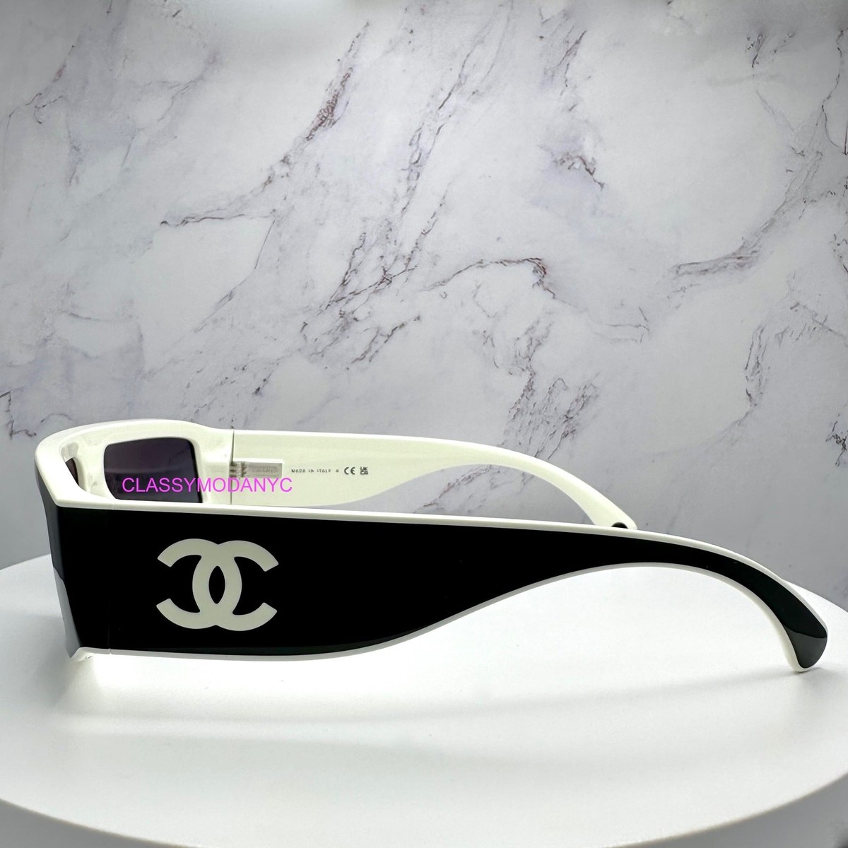 CC Black Shield Sunglasses with Ivory CH6057 Chanel CH6057 Shield Sunglasses in Black and White with Gray  main image 3