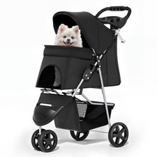 Black 3-Wheel Foldable Pet Stroller, All-Season, Breathable Mesh, Storage, Cover