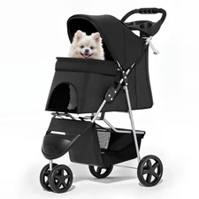 Black 3-Wheel Foldable Pet Stroller, All-Season, Breathable Mesh, Storage, Cover