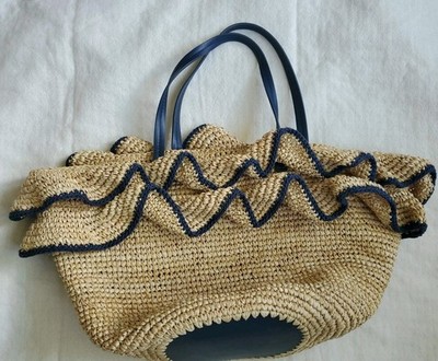 BTB Beyond The Beach LA Joey Ruffle Raffia Woven Tote Bag Navy Trim NWOT