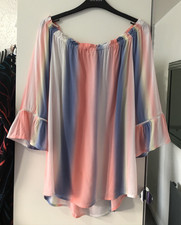Next Size 10 Pink/Blue Mix 3/4 Frilled Bell Sleeve Off The Shoulder Blouse VGC