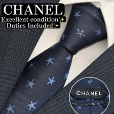 CHANEL Silk Tie Navy Star Pattern Coco Mark 8.4cm Excellent Condition