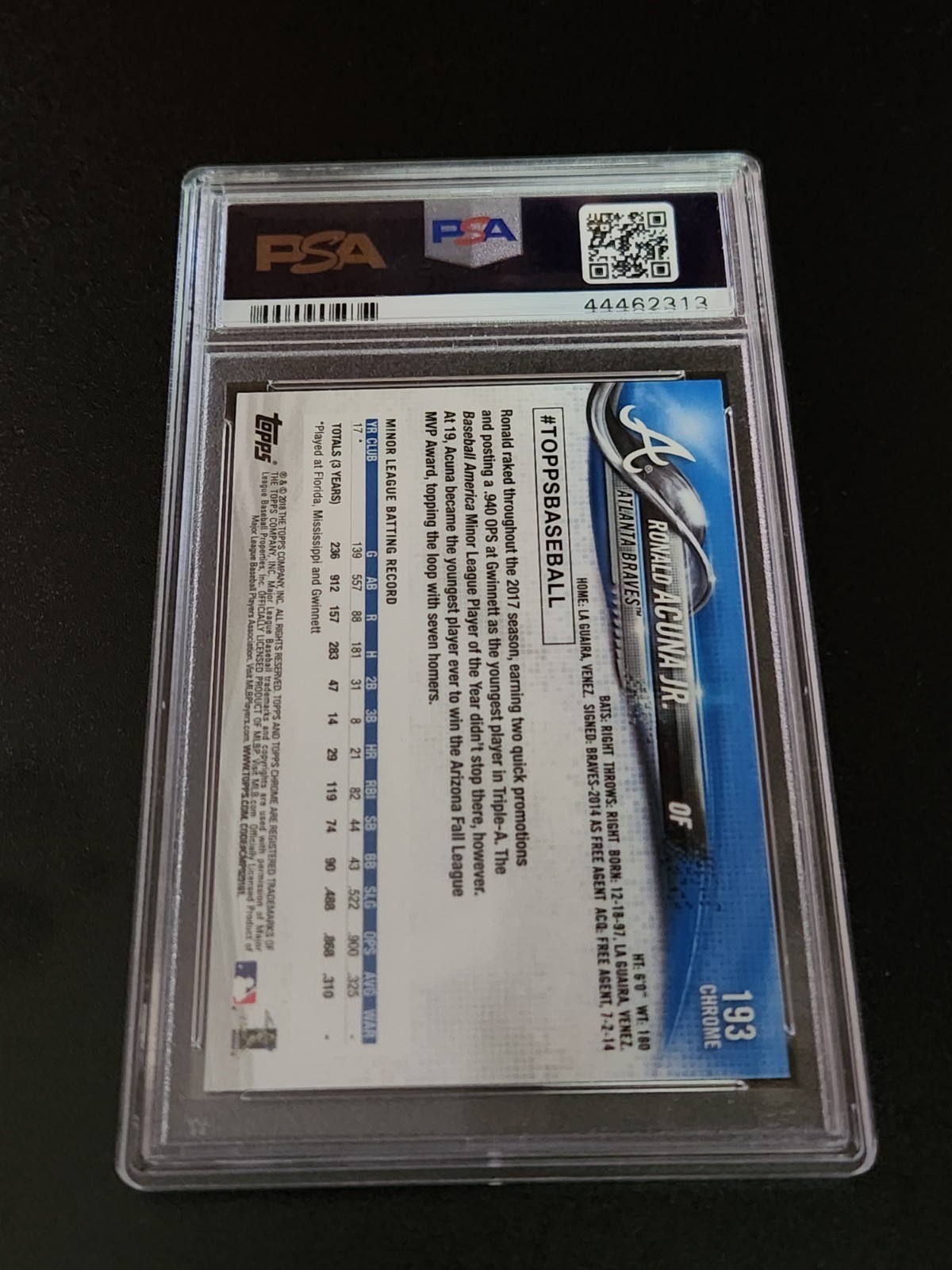 2018 Topps Chrome #193 Ronald Acuna Jr Rookie RC PSA 10 GEM MINT view 2