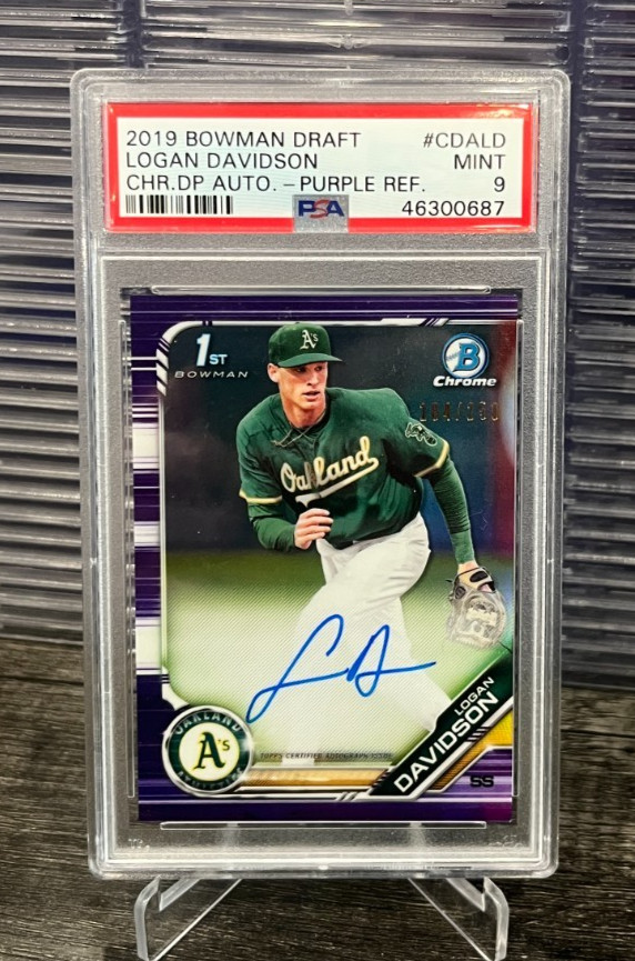 2019 Bowman Chrome Logan Davidson 1st Rookie Purple Refractor Auto #d /250 PSA 9