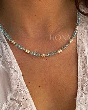 Blue Aquamarine & White Pearl Round Beaded Ch...