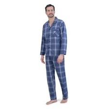 Hanes Mens Stretch Woven Blue Plaid Shirt Pants Pajama Set Size Medium