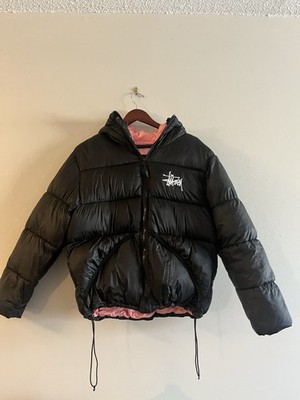 Stussy Black Hooded Puffer Jacket 800 Fill Pink Lining Logo Drawstring Men