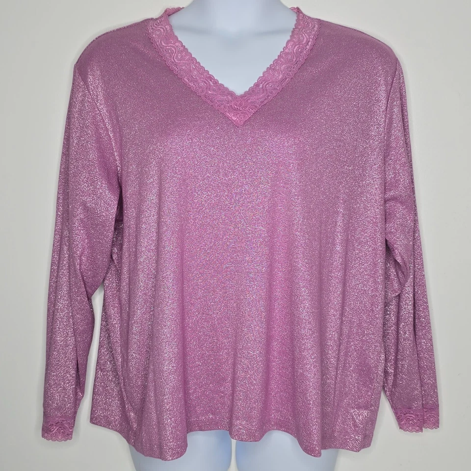 Blusa Top Camisa Estilo Susan Graver Para Mujer 2X Rosa Brillante Borde Encaje