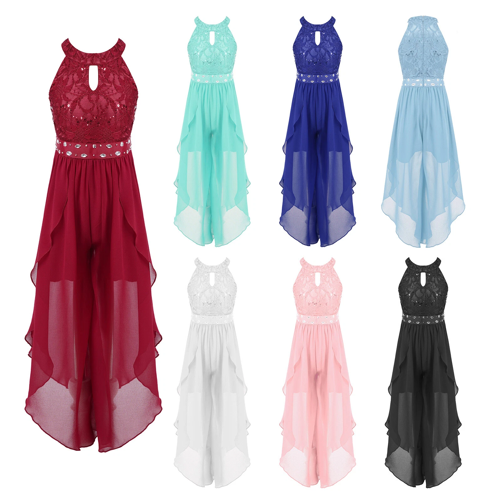 Kids Girls Party Jumpsuit Dress Sleeveless Glittering Lace Bodice Dance Costumes