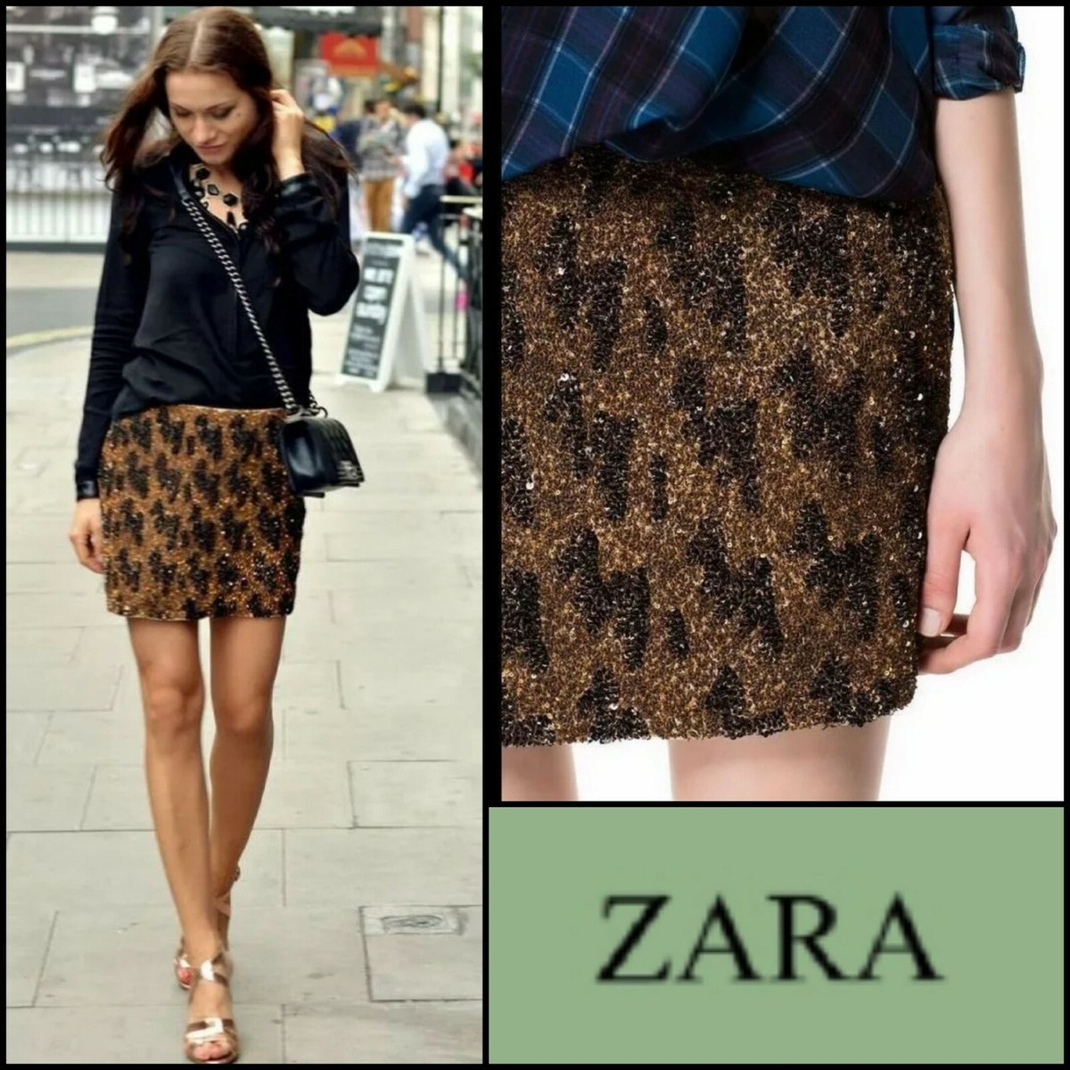 🛍$129 ZARA Brown Gold Sequin Animal Print Embellished Mini Skirt