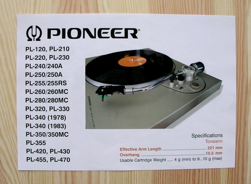 Pioneer PL-120/210-260/280/320-355/420/430/455/470 Tonarm Ausrichtungswinkel - Bild 2 von 7