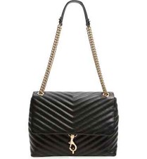 Nwt Rebecca Minkoff Edie Quilted Leather Med Shoulder Bag Black Gold Authentic