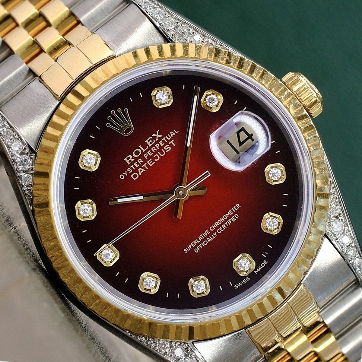 Rolex Mens Datejust Two-Tone Red Diamond Dial & Lugs Fluted